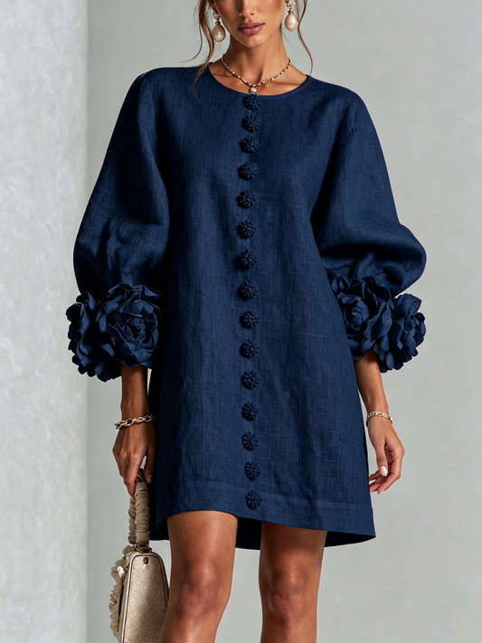Vestido Mini de Mezcla de Lino con Puños de Flores, Azul Marino