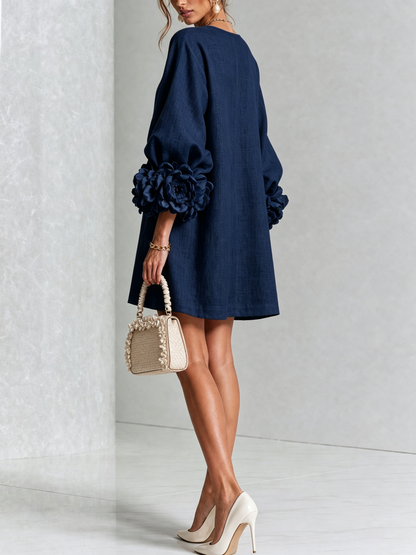 Vestido Mini de Mezcla de Lino con Puños de Flores, Azul Marino