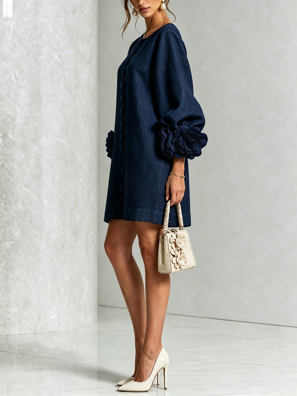 Vestido Mini de Mezcla de Lino con Puños de Flores, Azul Marino