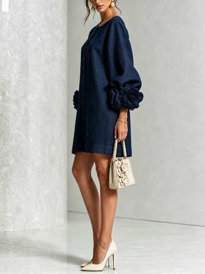 Vestido Mini de Mezcla de Lino con Puños de Flores, Azul Marino