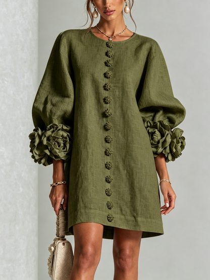 Vestido Mini de Mezcla de Lino con Puños de Flores, Verde Oliva