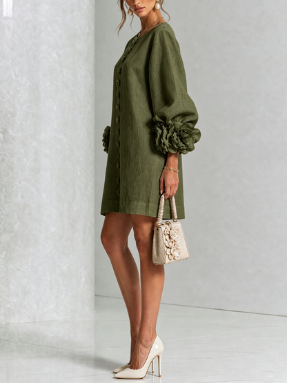 Vestido Mini de Mezcla de Lino con Puños de Flores, Verde Oliva