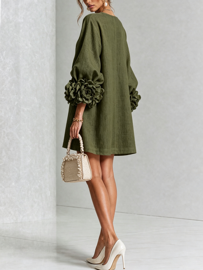 Vestido Mini de Mezcla de Lino con Puños de Flores, Verde Oliva