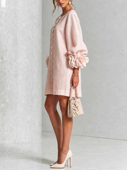 Vestido Mini de Mezcla de Lino con Puños de Flores, Rosa