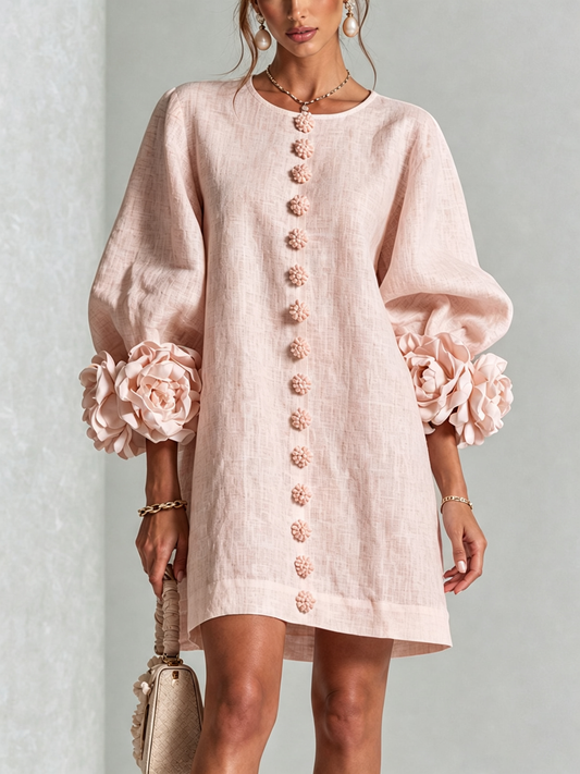 Vestido Mini de Mezcla de Lino con Puños de Flores, Rosa