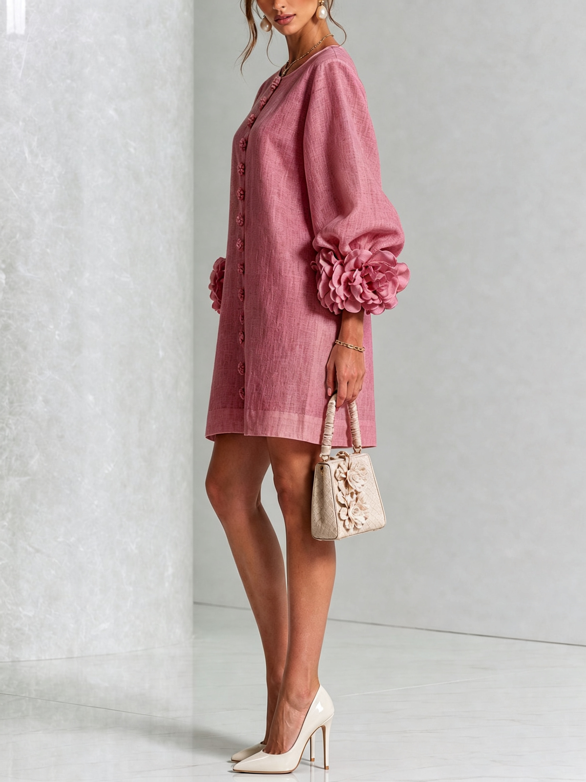 Vestido Mini de Mezcla de Lino con Puños de Flores, Rosa Antiguo