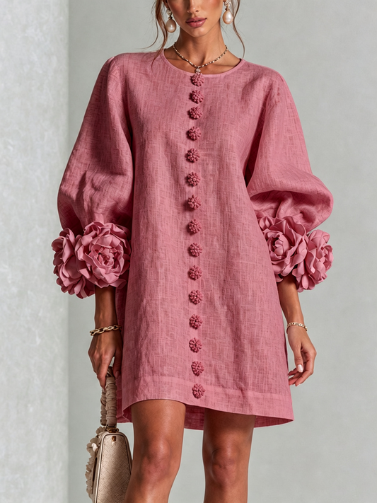 Vestido Mini de Mezcla de Lino con Puños de Flores, Rosa Antiguo