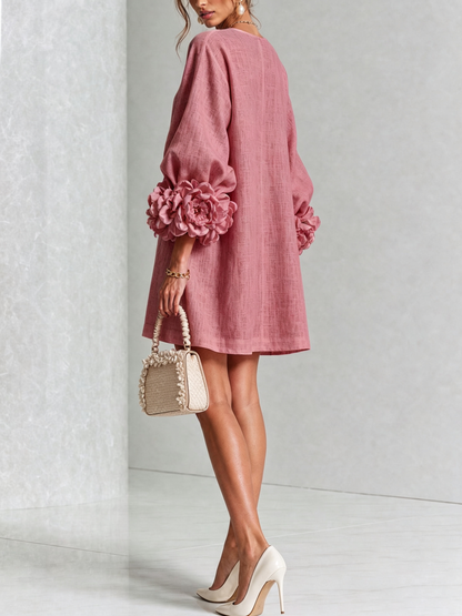 Vestido Mini de Mezcla de Lino con Puños de Flores, Rosa Antiguo