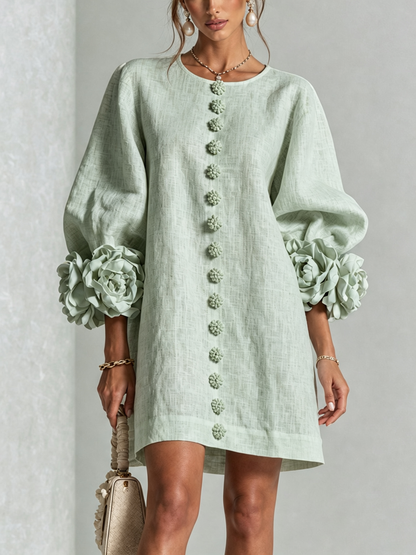 Vestido Mini de Mezcla de Lino con Puños de Flores, Verde Claro