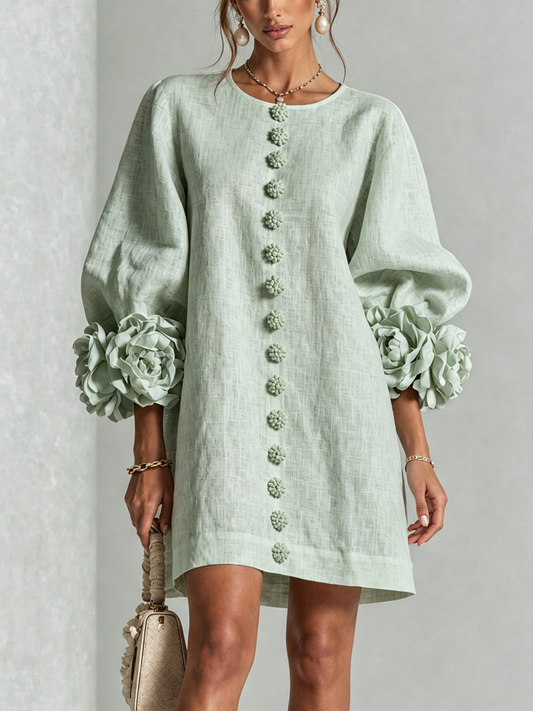 Vestido Mini de Mezcla de Lino con Puños de Flores, Verde Claro