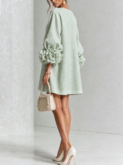 Vestido Mini de Mezcla de Lino con Puños de Flores, Verde Claro