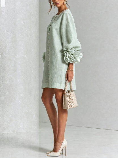 Vestido Mini de Mezcla de Lino con Puños de Flores, Verde Claro