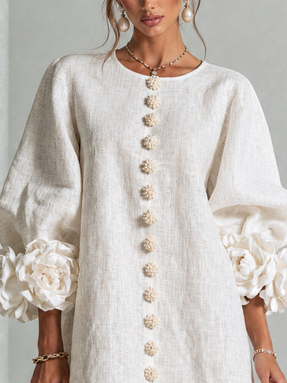 Vestido Blanco Mini de Mezcla de Lino con Puños de Flores