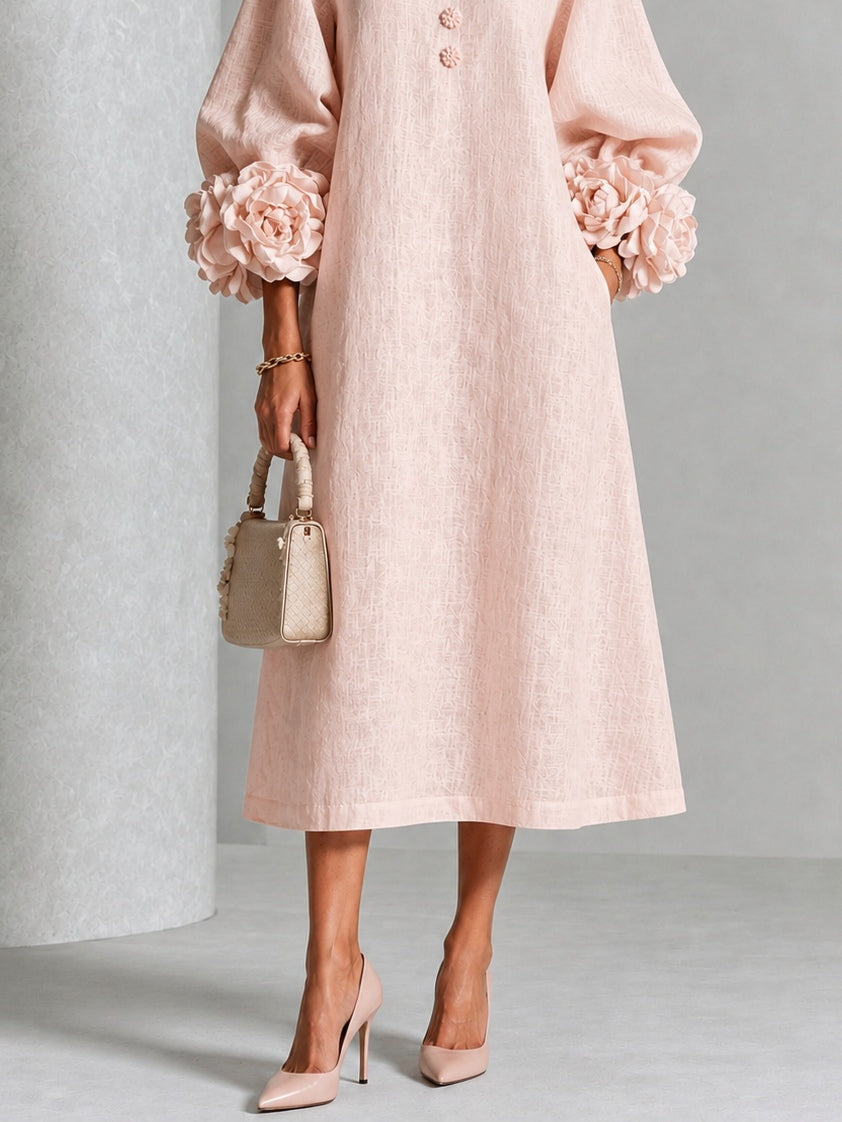 Vestido Midi Theodosia con Puños de Rosas y Botones