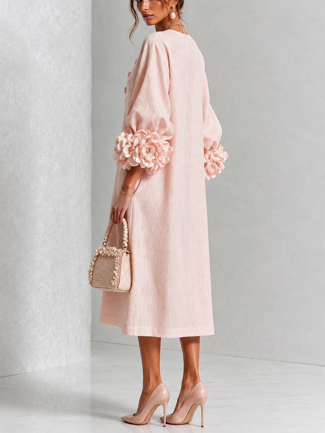 Vestido Midi Theodosia con Puños de Rosas y Botones
