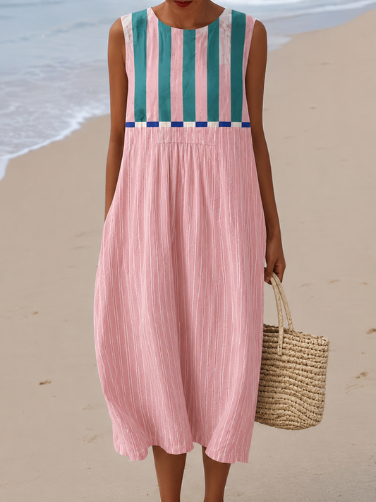 Vestido Midi Sin Mangas de Color Block