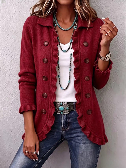 Chaqueta de Punto Rojo Rubí con Volantes