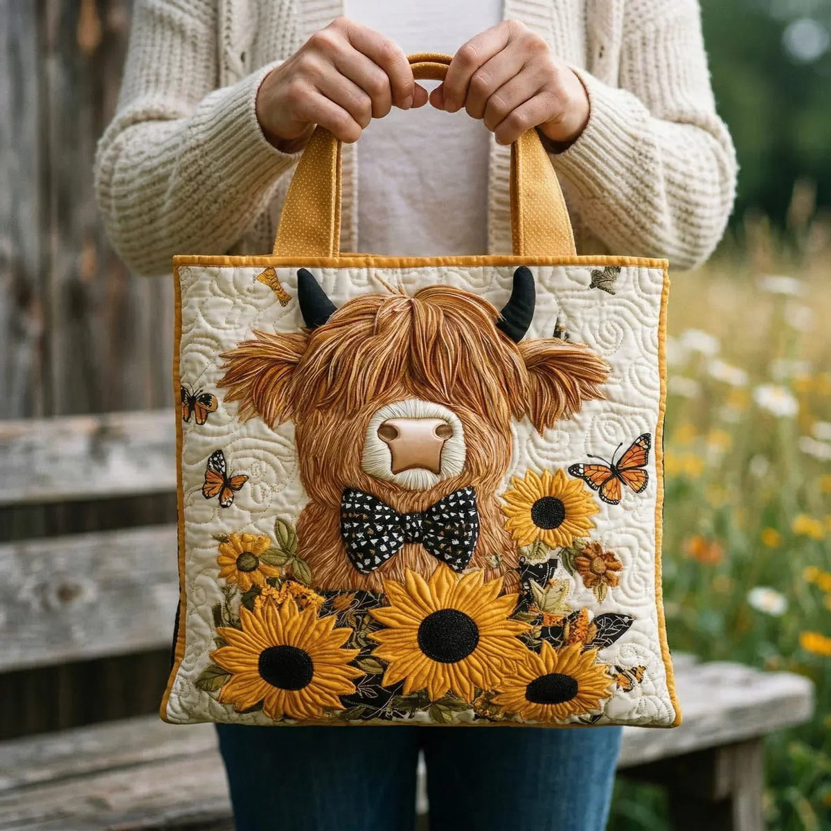 Bolso acolchado – Vaca de las Tierras Altas y Girasoles