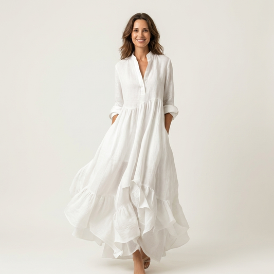 Vestido Maxi con Cuello Alto, Botones Frontales y Bajo de Volantes