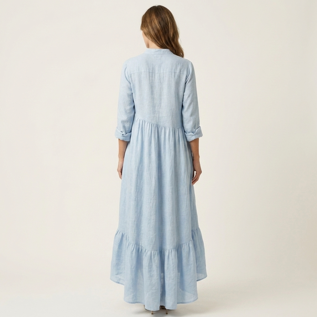 Vestido Maxi con Cuello Alto, Botones Frontales y Bajo de Volantes