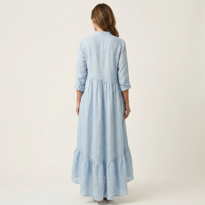 Vestido Maxi con Cuello Alto, Botones Frontales y Bajo de Volantes
