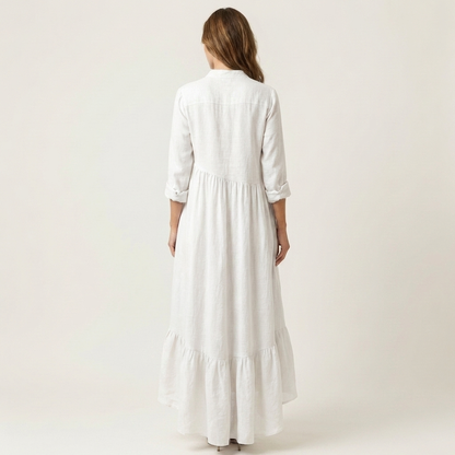Vestido Maxi con Cuello Alto, Botones Frontales y Bajo de Volantes