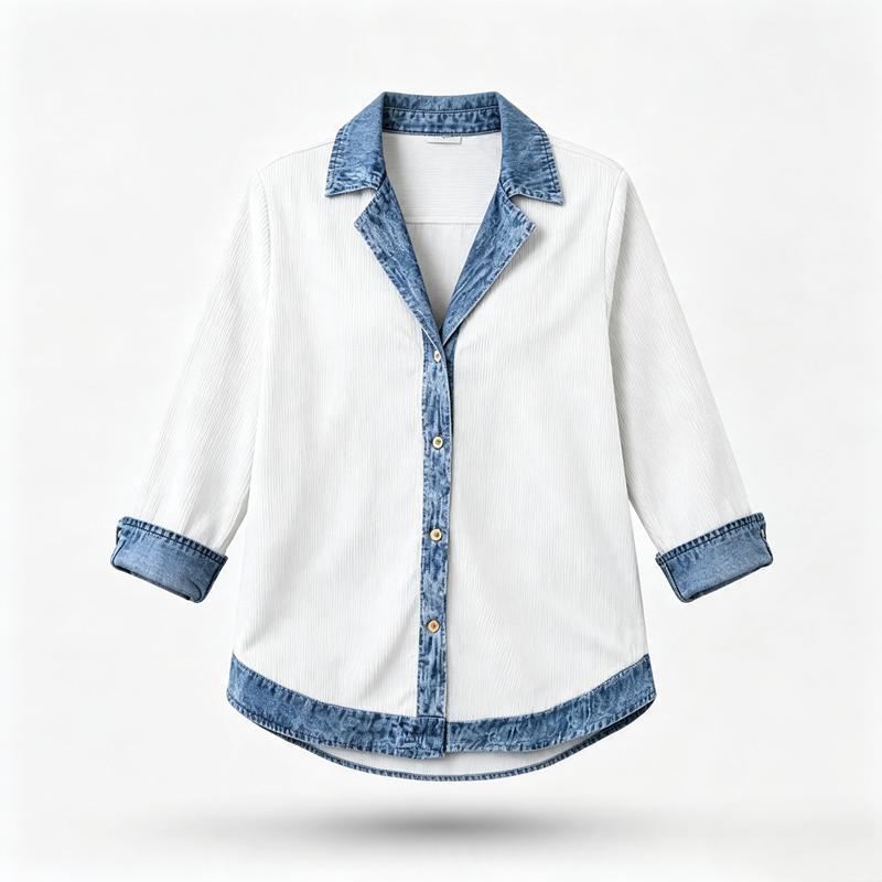 Camisa de mujer con mezcla de punto de canalé y denim