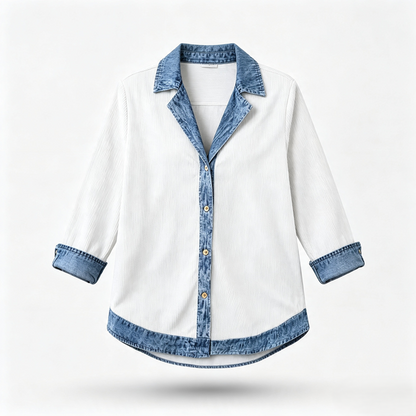 Camisa de mujer con mezcla de punto de canalé y denim