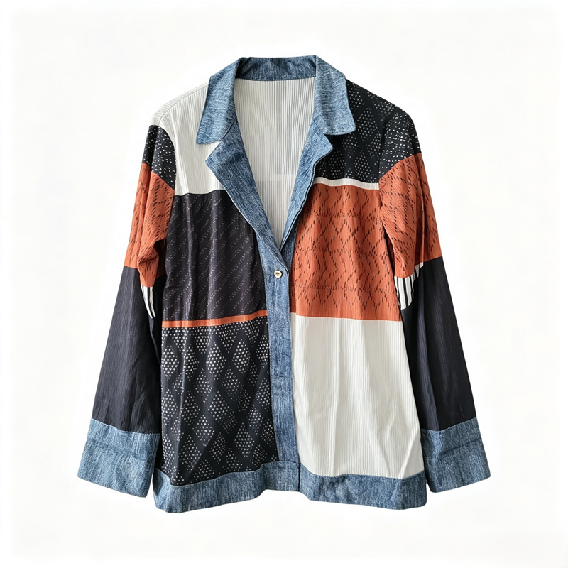Camisa de mujer con mezcla de punto de canalé y denim
