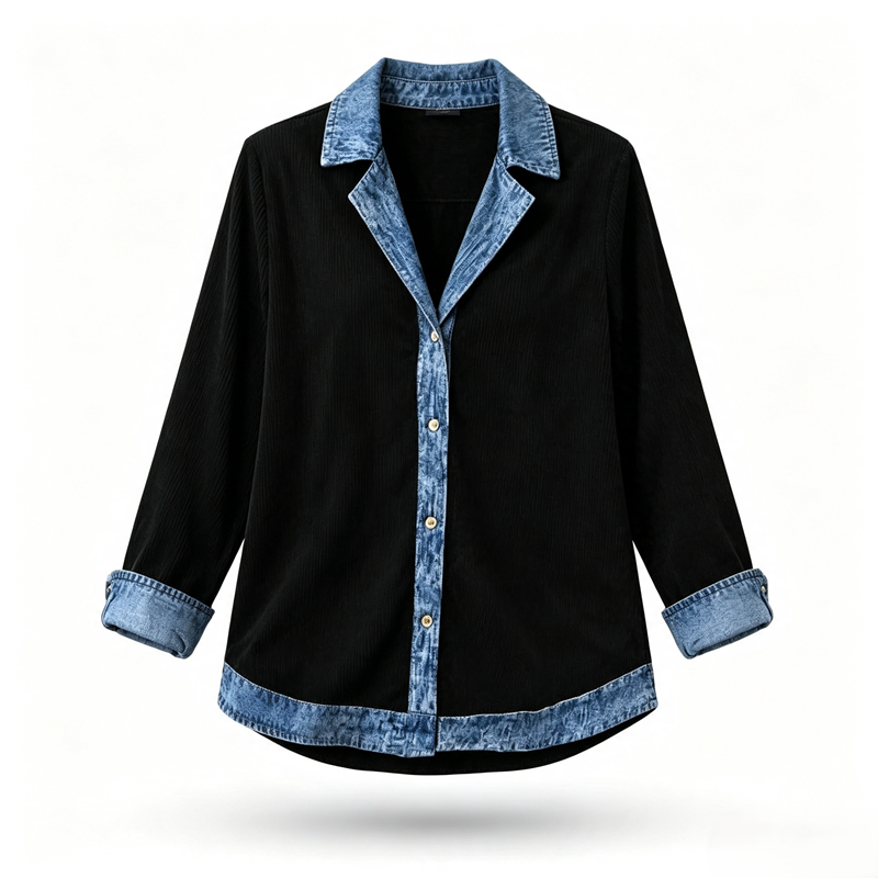 Camisa de mujer con mezcla de punto de canalé y denim