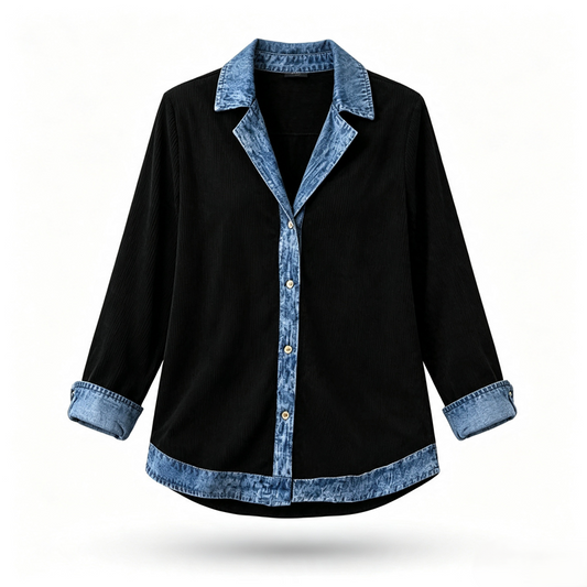 Camisa de mujer con mezcla de punto de canalé y denim