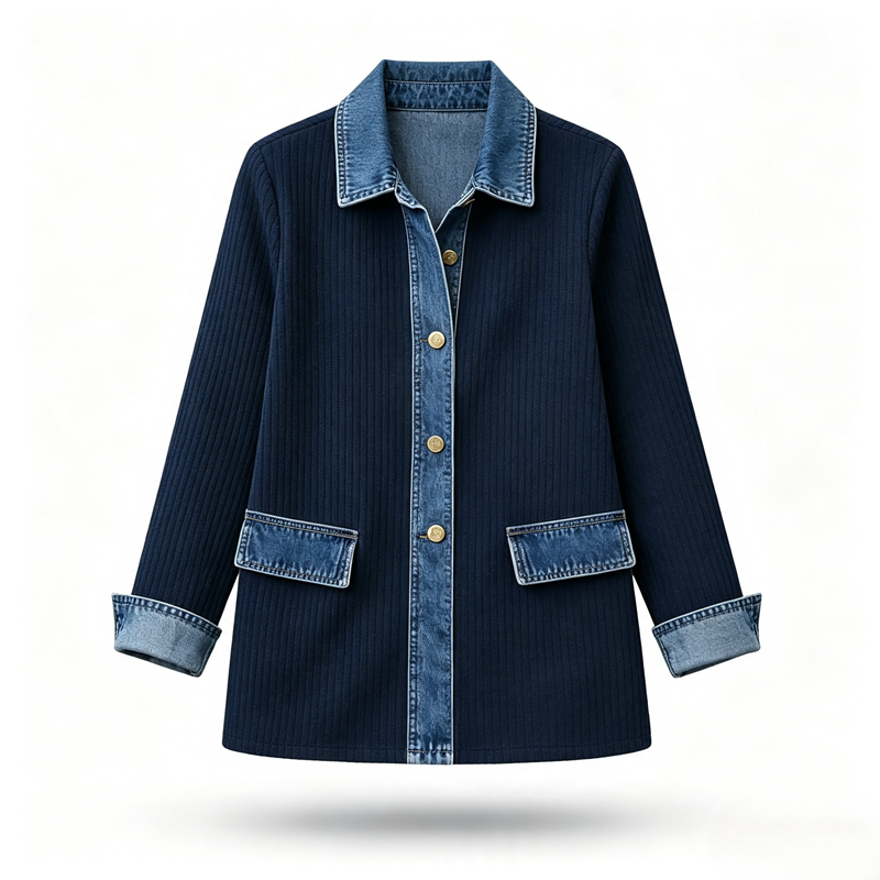Camisa de mujer con mezcla de punto de canalé y denim