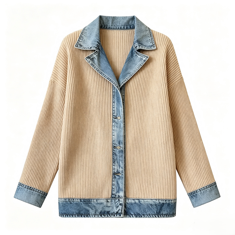 Camisa de mujer con mezcla de punto de canalé y denim