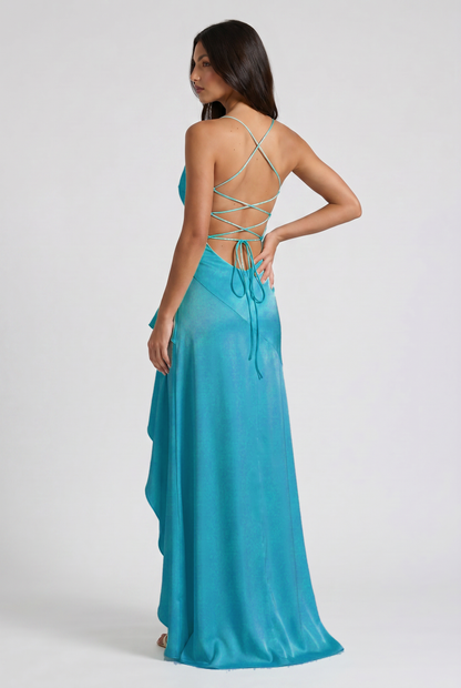 Vestido Maxi Burdeos con Drapeado y Abertura